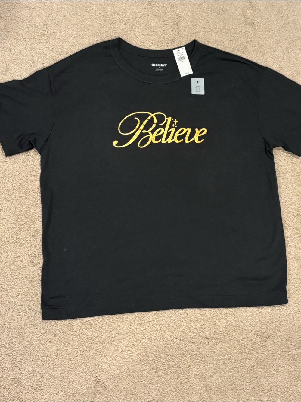 Old Navy “Believe" Graphic Tee - Dark Grey with Copper Shimmery Script Size S
